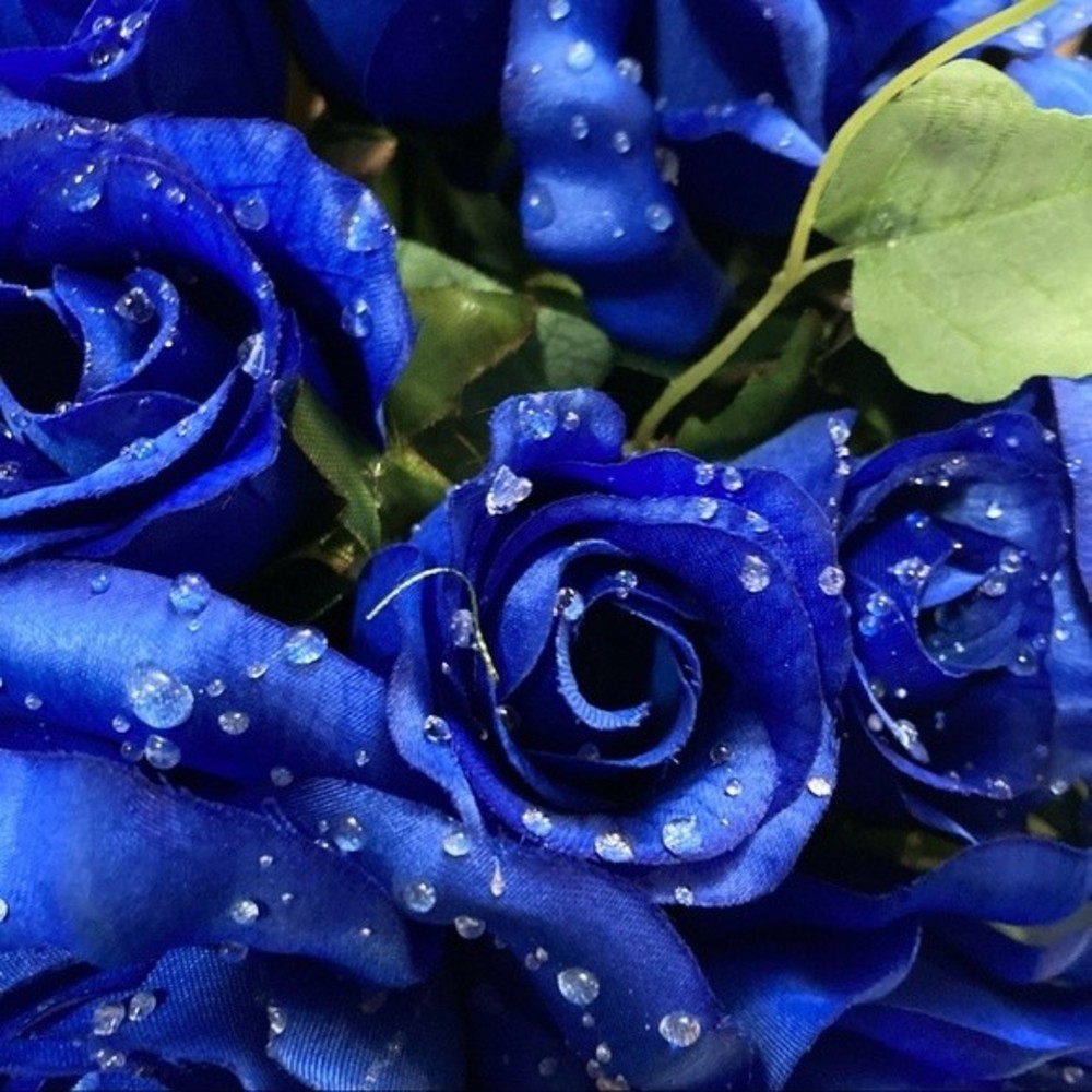 Blue Roses Artificial Flowers Dew Drop Rain Drop 2 Bunches 16"